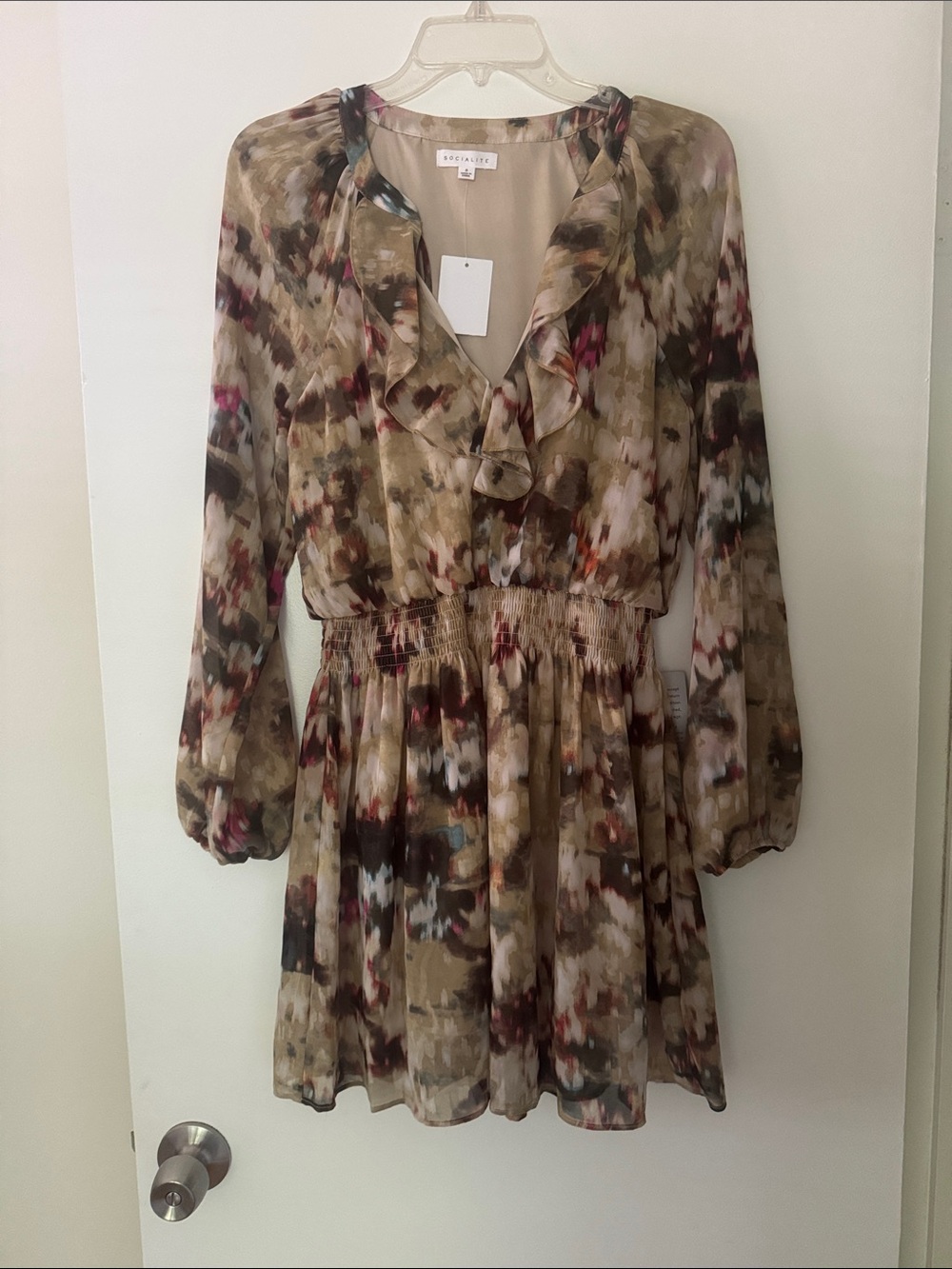 Socialite Olive Multi Colored Ruffled V-Neck Pattern Dress